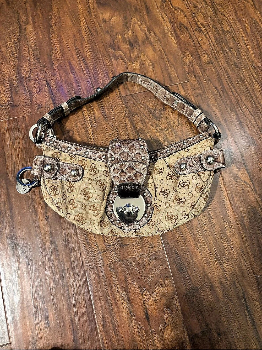 Vintage Y2K GUESS Monogram Hobo Shoulder Bag Tan Beige Brown Croc Trim Studded